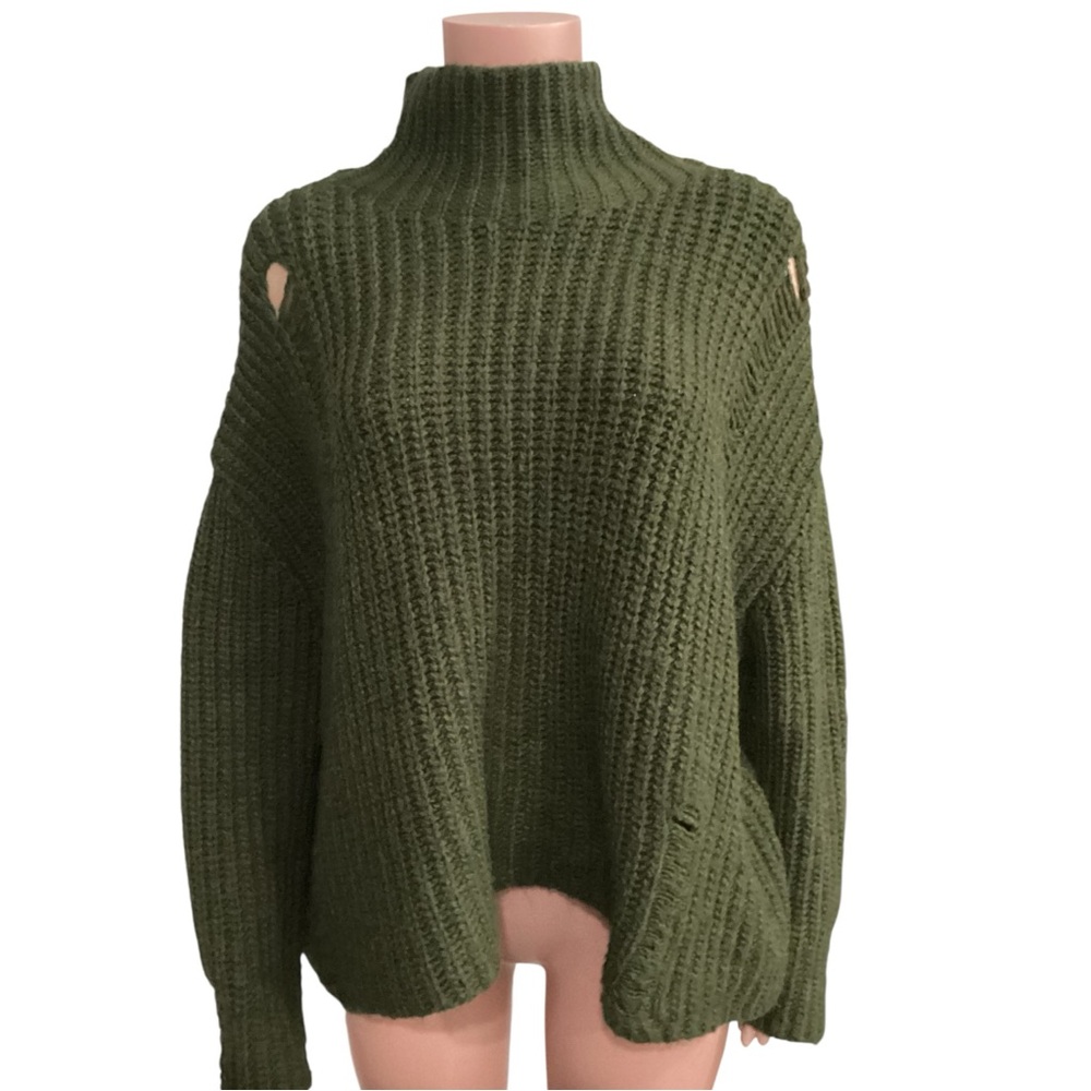 Zara Dark Green Distressed Sweater Oversized Chunky Knit Size Medium